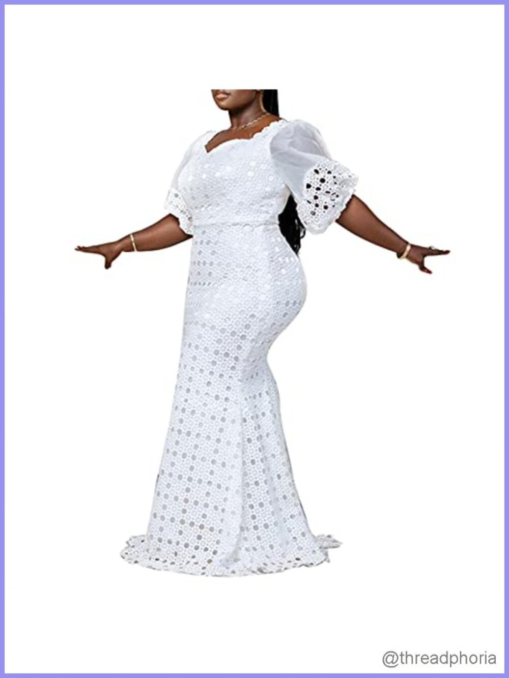 Plus Size Lace Hollow Bodycon Maxi Dress Lantern Sleeve Formal
